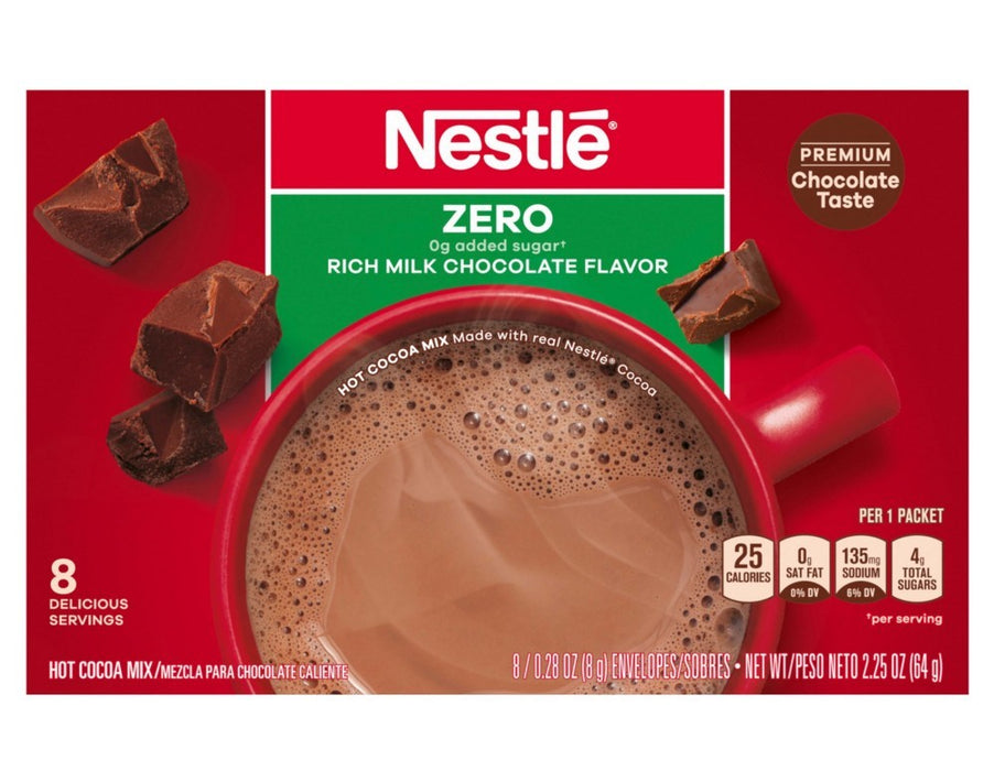 Nestle Hot Cocoa Zero Rich Milk Chocolate Flavored Mix Powder 2.25 oz Caja de 8 unidades