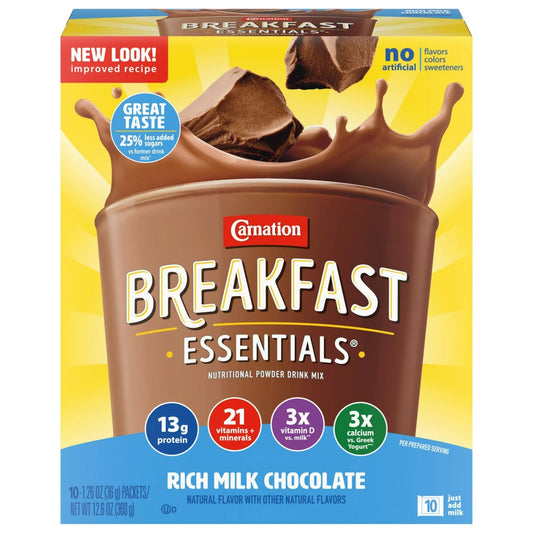 Carnation Breakfast Essentials Nutritional Powder Drink Mix Rich Milk Chocolate 10 - Paquetes de 36 g