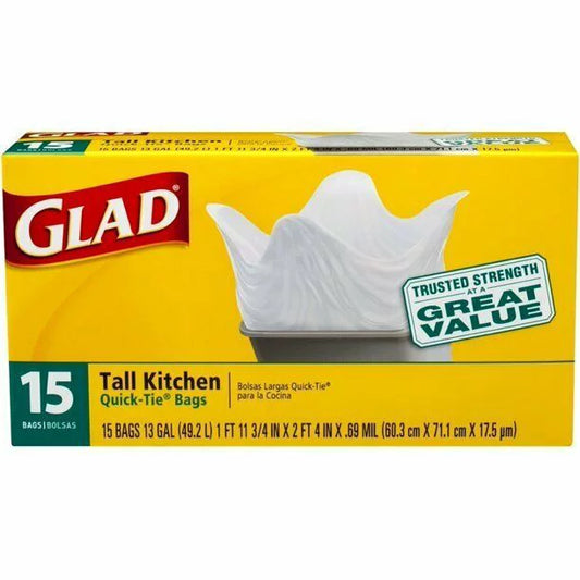 Glad Quick Tie - Bolsas de cocina altas, 13 galones, color blanco, 15 c/u