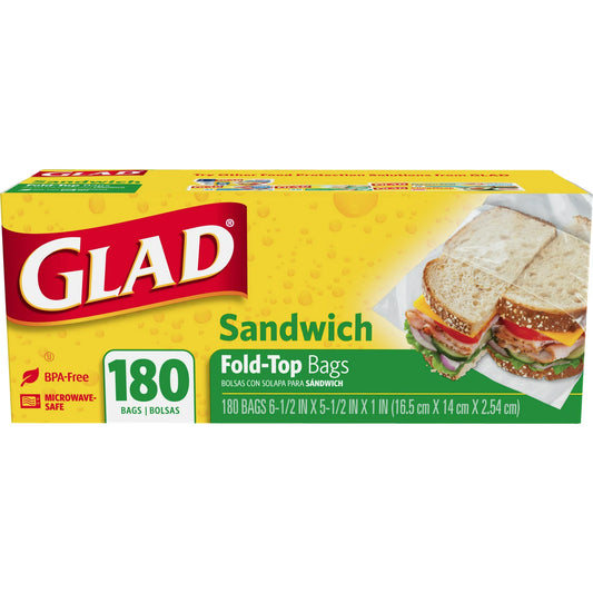 Glad Fold Top Bolsas de sándwich para almacenamiento de alimentos 180 unidades