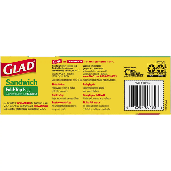 Glad Fold Top Bolsas de sándwich para almacenamiento de alimentos 180 unidades