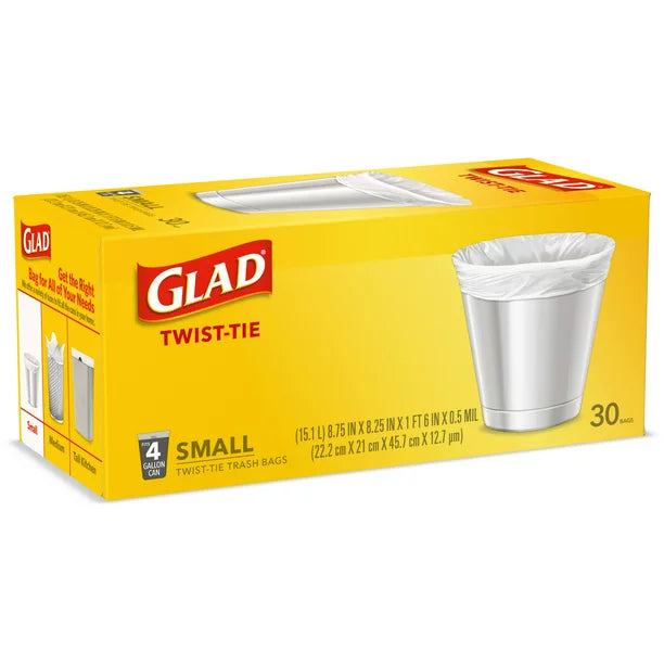 Glad Small Trash Bags 4 Gallon 30 Bags (Twist Tie)