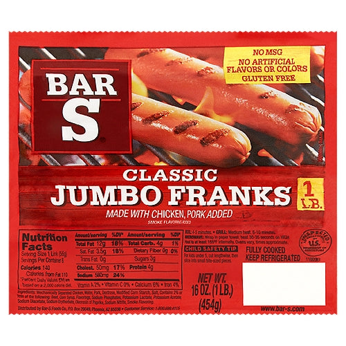 Bar-S Classic Jumbo Franks Hot Dogs 8 Franks per Package 1 lb Pack