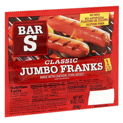 Bar-S Classic Jumbo Franks Hot Dogs 8 Franks per Package 1 lb Pack