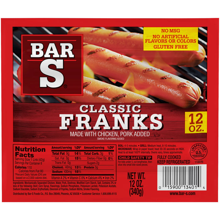 Bar S Classic Chicken Franks 12 oz 8 unidades
