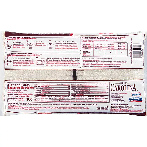 Carolina Enriched White Rice Extra Long Grain Rice 20 lb Bag
