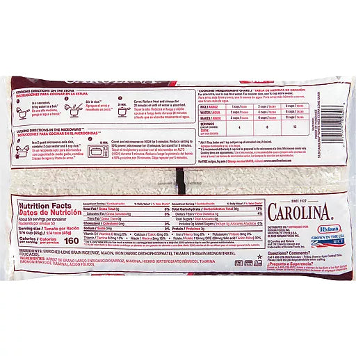 Arroz blanco enriquecido Carolina Arroz de grano extra largo Bolsa de 20 lb