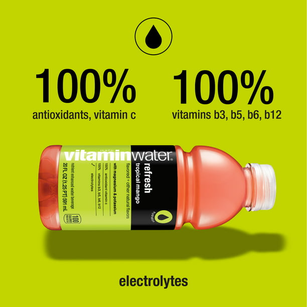 Refresco de agua con vitaminas, agua mejorada con electrolitos, mango tropical, botella de 20 onzas líquidas