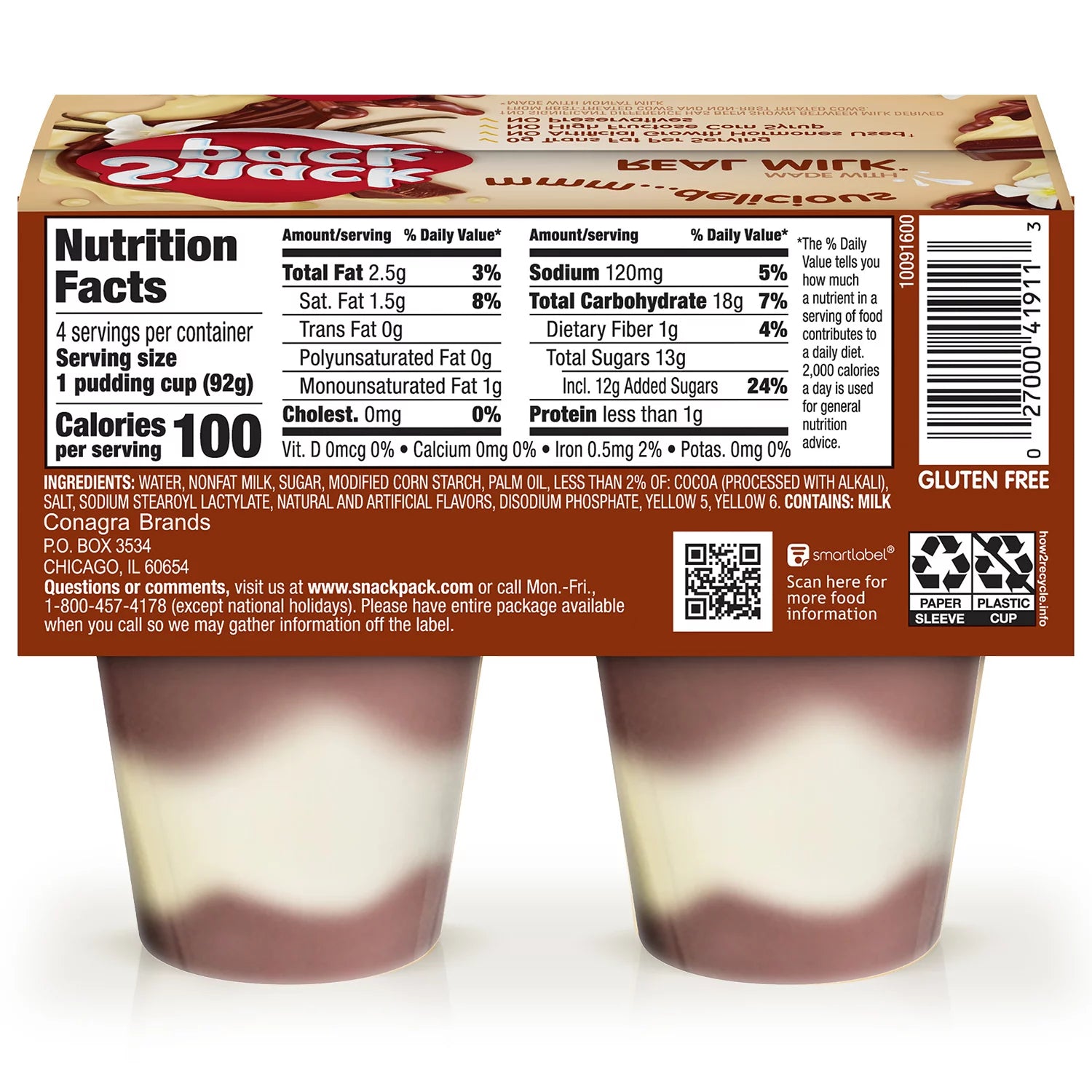 Snack Pack Chocolate Vanilla Pudding Cups Made with Real Milk 3.25 oz 4 Pack