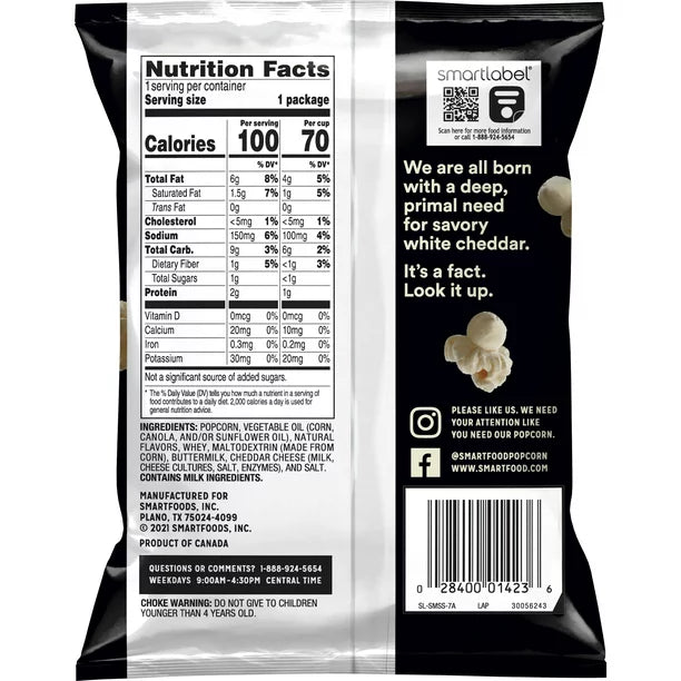 Smartfood® Popcorn Palomitas de maíz con queso cheddar blanco 0.625 oz. Bolsa