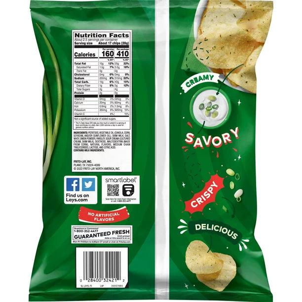 Patatas fritas Lay's con sabor a crema agria y cebolla, 2.62 oz