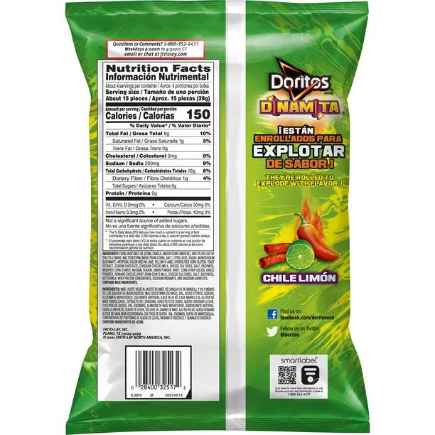 Doritos Dinamita Chile Limon Flavored Tortilla Chips Bolsa de 4 oz
