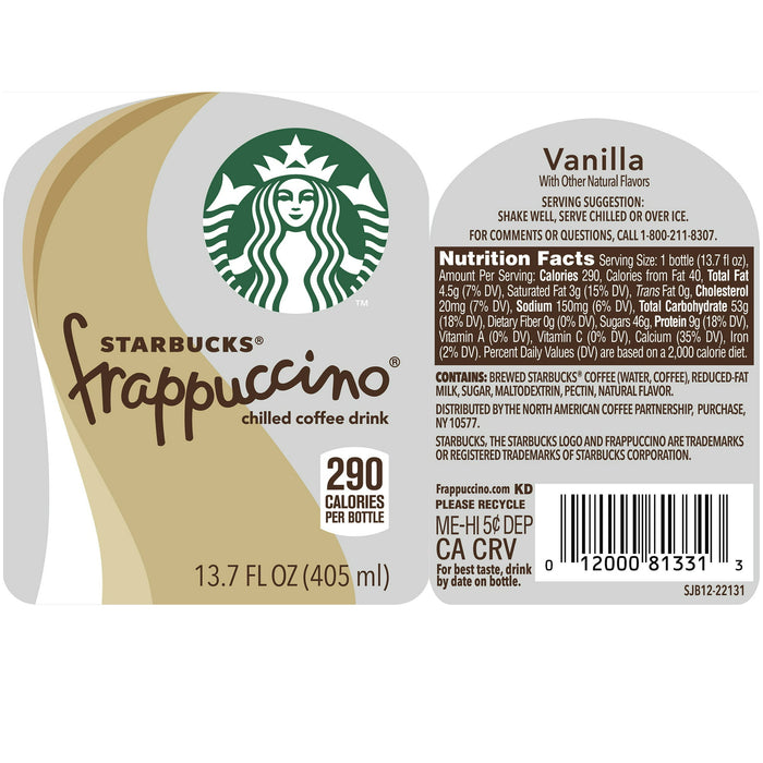 Starbucks Frappuccino Vainilla Iced Coffee Botella de 13.7 oz