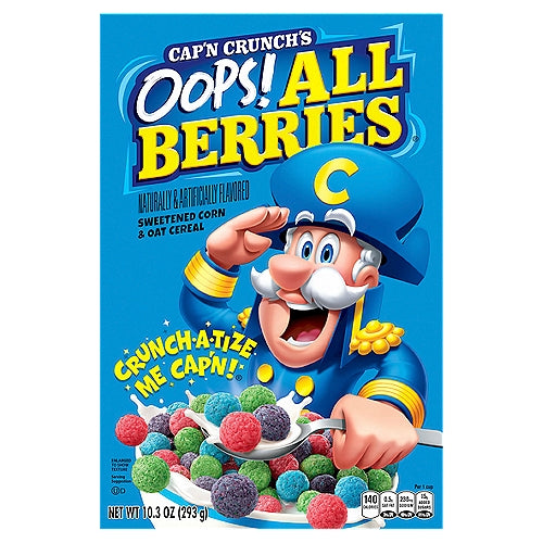 ¡Opps de cereales de avena y maíz endulzados de Cap'n Crunch! Todas las bayas con sabor natural y artificial 10.3