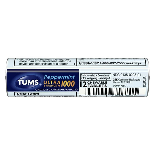 TUMS Antacid Chewable Tablets for Heartburn Relief Ultra Strength Peppermint 12 Tablets