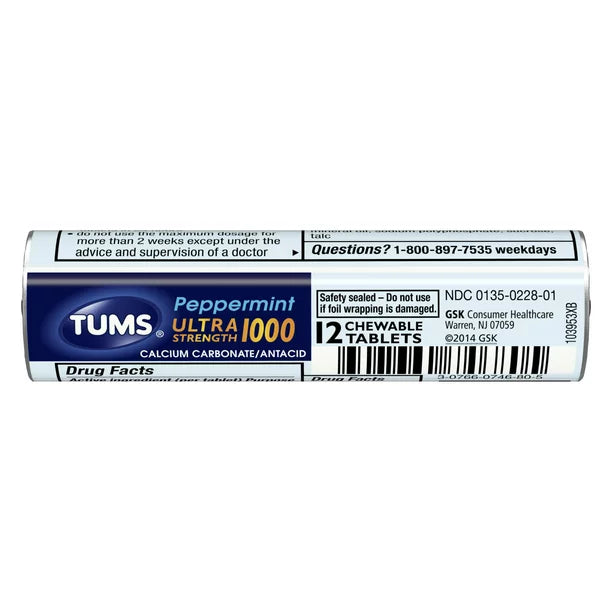 TUMS Tabletas masticables antiácidas para el alivio de la acidez estomacal Menta ultra fuerte 12 tabletas