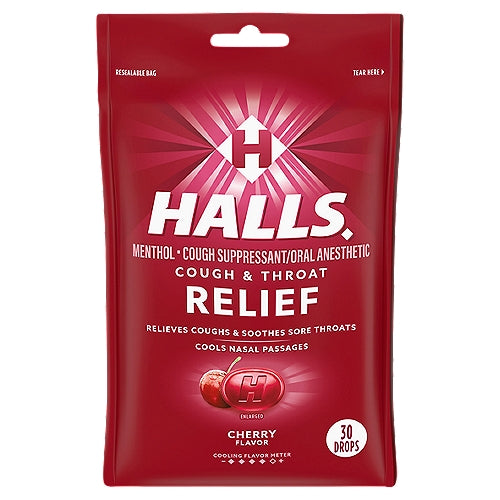Gotas de mentol con sabor a cereza Halls Relief, 30 unidades