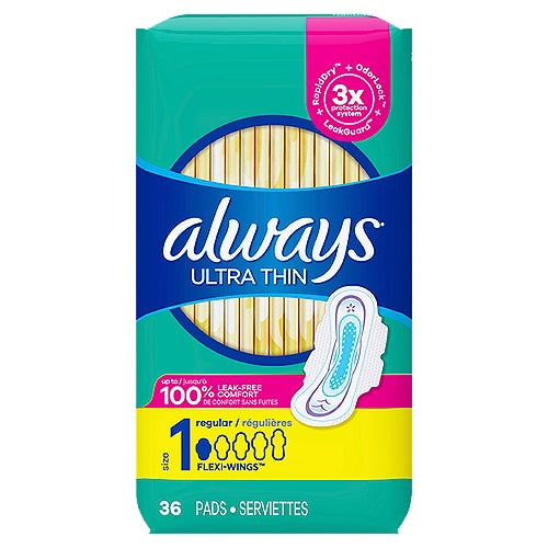 Always Ultra Thin Pads Size 1 Regular Absorbency Unscented with Wings 36 Count