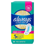 Almohadillas ultrafinas Always, tamaño 1, absorbencia regular, sin perfume, con alas, 36 unidades