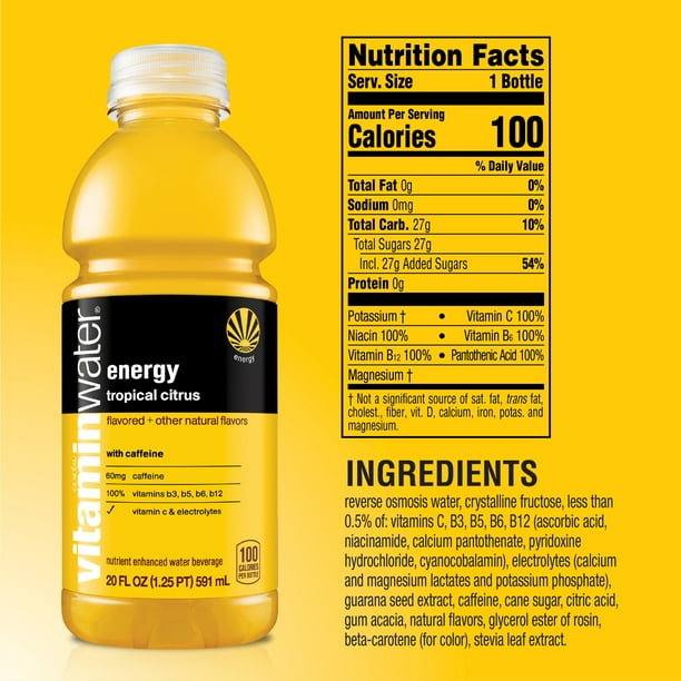 Vitaminwater Energy Electrolyte agua mejorada bebida cítrica tropical botella de 20 fl oz