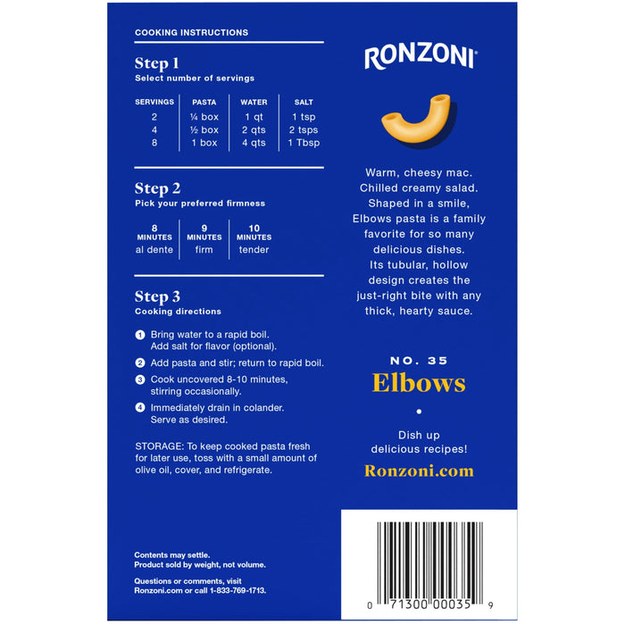 Ronzoni Elbows 16 oz Pasta para macarrones con queso o salsas espesas Sin OMG Vegetariano