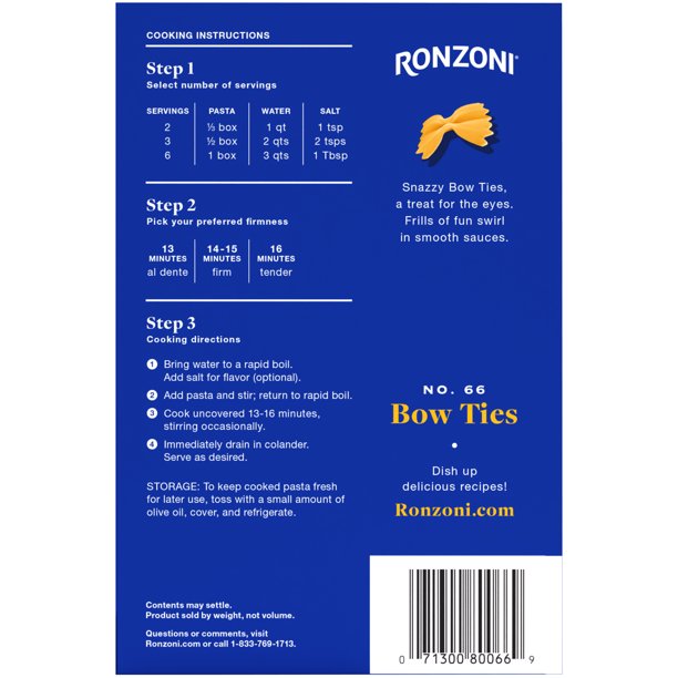 Ronzoni Pajaritas Pasta 12 oz Non-GMO Farfalle Pasta para todas las salsas