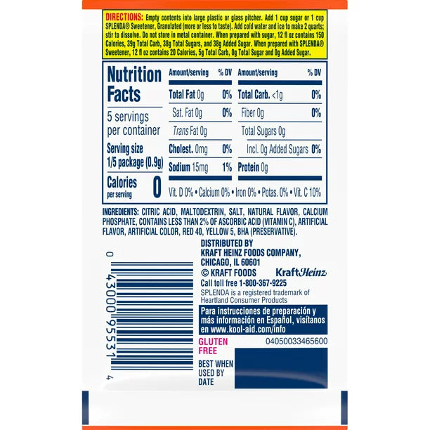 Kool-Aid mezcla de refresco en polvo con sabor artificial de naranja sin azúcar, paquete de 0.15 oz