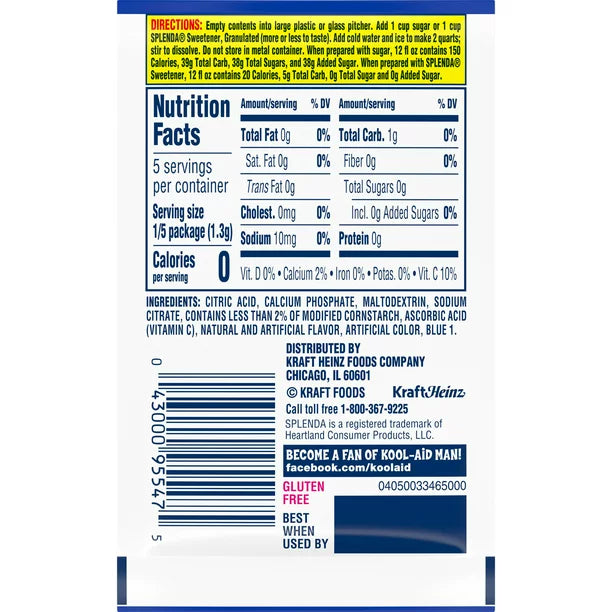 Kool-Aid Mezcla de bebida en polvo con sabor artificial a limonada de frambuesa azul sin azúcar 0.22 oz. Paquete