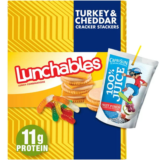 Lunchables Turkey & Reduced Fat Cheddar Cheese Cracker Stackers Meal Kit with Capri Sun Fruit Punch 100% Juice Drink & Gummy Worms 9.2 oz Box