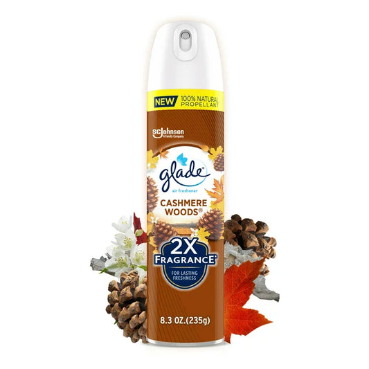 Glade Ambientador en aerosol en aerosol para el hogar Fragancia aromática de madera de cachemira Infundida con aceites esenciales Tonificante y refrescante con propulsor 100% natural 8.3 oz
