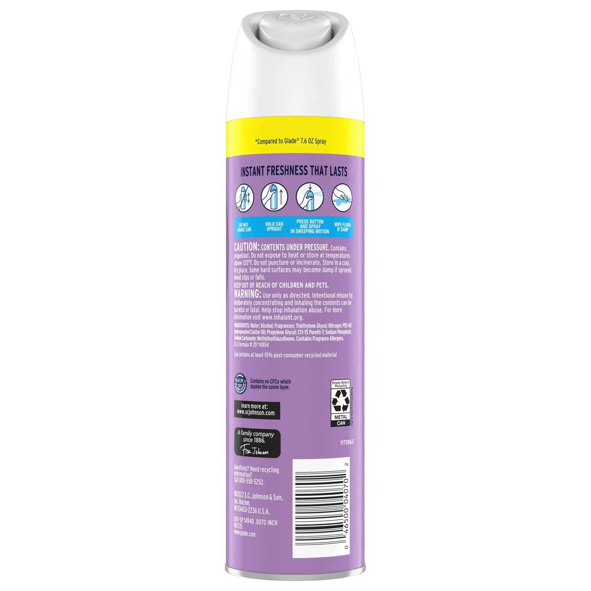 Glade Aerosol Spray Ambientador Lavanda y Vainilla Scent 8.3 oz