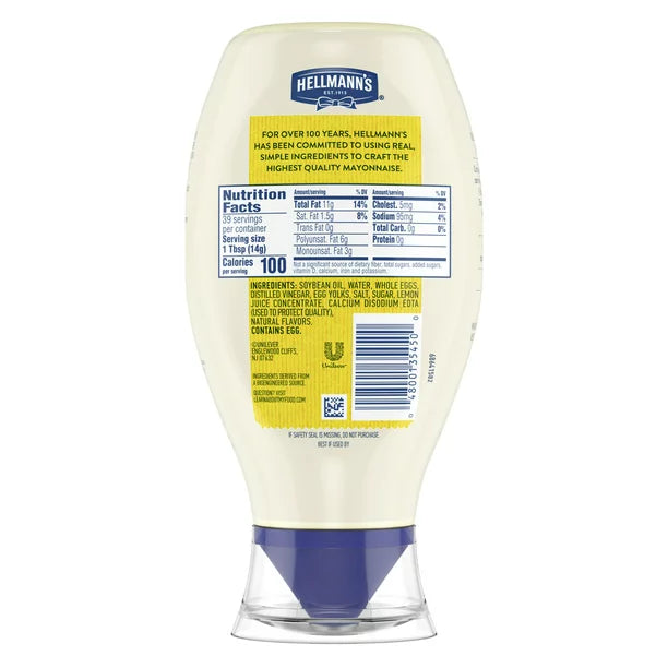 Hellmann's Real Mayonesa para un rico condimento cremoso Real Mayo Squeeze Bottle Sin gluten Hecho con 100% huevos sin jaula 20 oz
