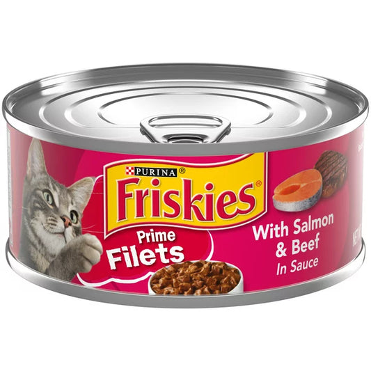 Friskies Prime Filets Salmon &amp; Beef in Sauce Alimento húmedo para gatos, lata de 5.5 oz