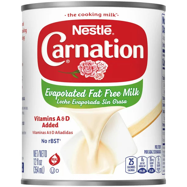 Nestle Carnation Leche evaporada sin grasa Vitaminas A y D añadidas 12 fl oz
