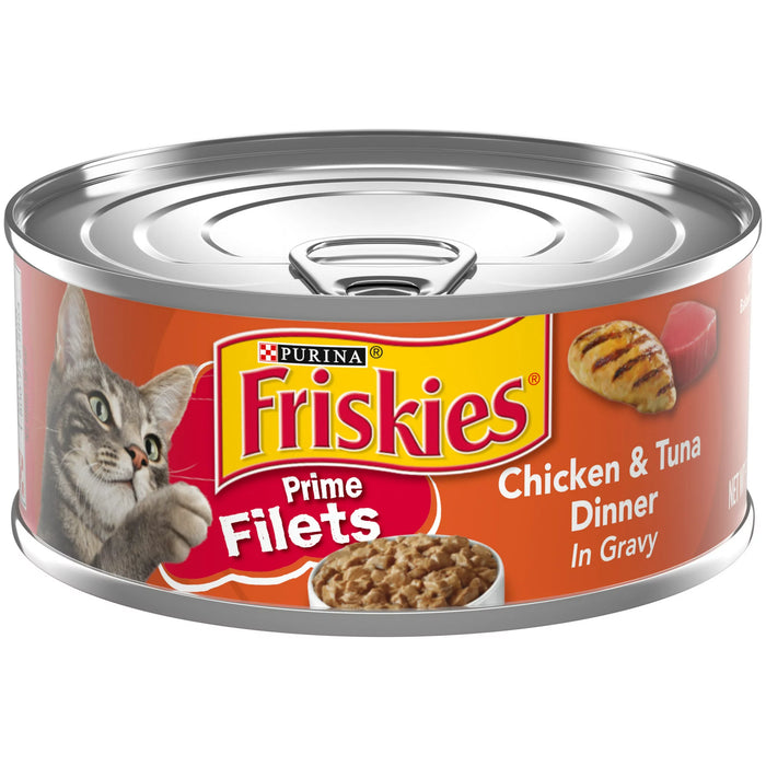 Friskies Prime Filets Cena de pollo y atún en salsa Comida húmeda para gatos Lata de 5.5 oz