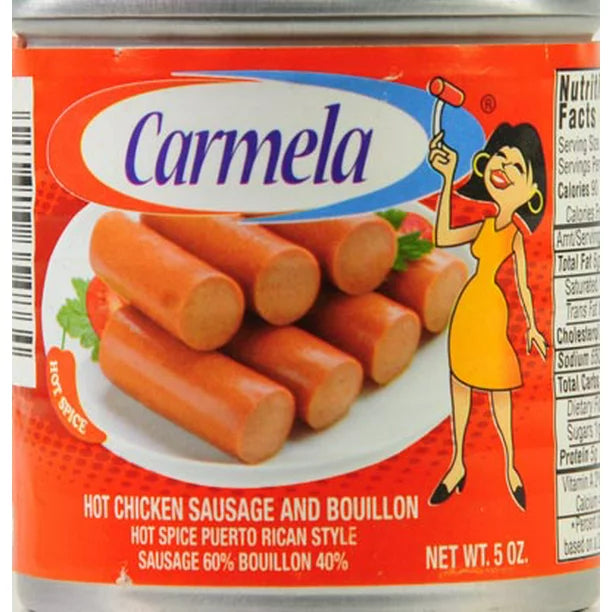 Salchicha de pollo caliente Carmela y caldo, lata de 5 oz