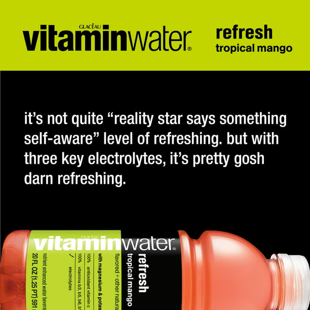 Refresco de agua con vitaminas, agua mejorada con electrolitos, mango tropical, botella de 20 onzas líquidas