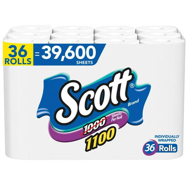Scott 1100 Papel higiénico sin perfume de 1 capa (36 rollos = 1100 hojas por rollo) - Papel higiénico envuelto individualmente