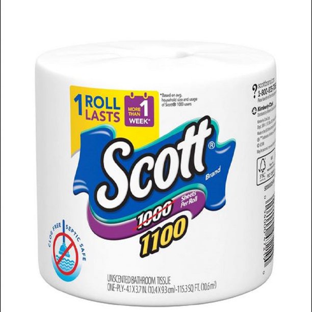 Scott 1100 Papel higiénico sin perfume de 1 capa (36 rollos = 1100 hojas por rollo) - Papel higiénico envuelto individualmente