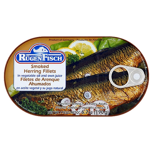 Rügen Fisch Filetes de Arenque Ahumado en Aceite Vegetal y Jugo Propio 6.7 oz