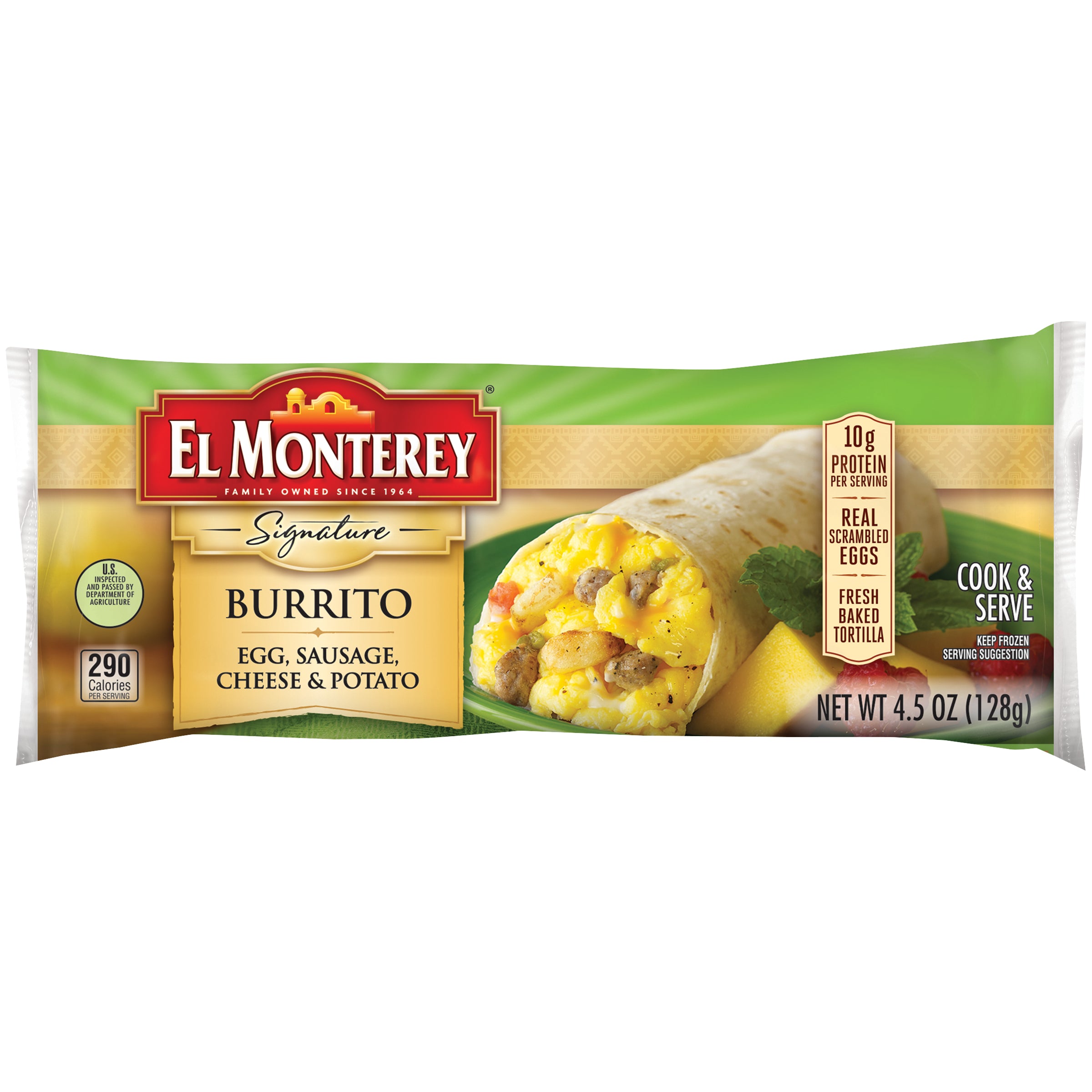 Burrito El Monterey de 4.5 oz con huevo, salchicha, queso y papa
