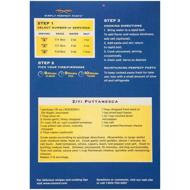 Ronzoni Ziti Rigati 16 oz Ridged Tubed Pasta Non-GMO