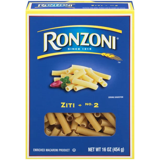 Ronzoni Ziti 16 oz Tubed Pasta for Thick Sauces and Baked Casseroles Non-GMO Vegetarian