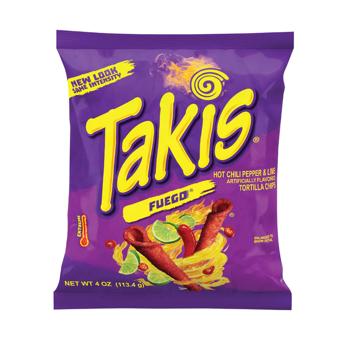 Takis Fuego Rolled Tortilla Chips Hot Chili Pepper and Lime Flavored Spicy Snack 4 Ounce Bag
