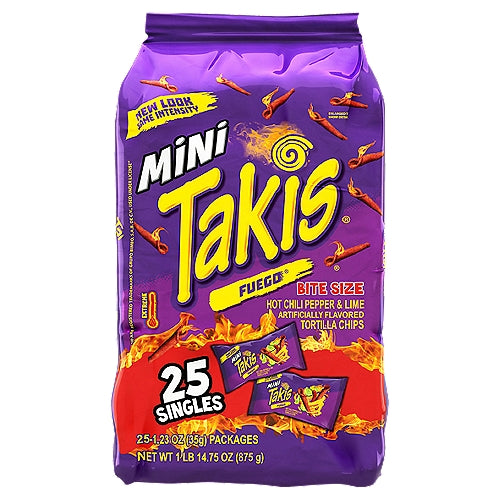 Barcel Takis Fuego Mini Hot Chili Pepper & Lime Tortilla Chips Bite Size 1.2 oz 25 count