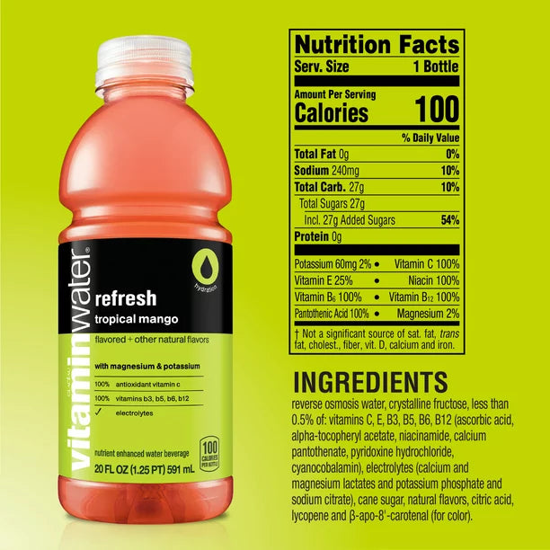Refresco de agua con vitaminas, agua mejorada con electrolitos, mango tropical, botella de 20 onzas líquidas