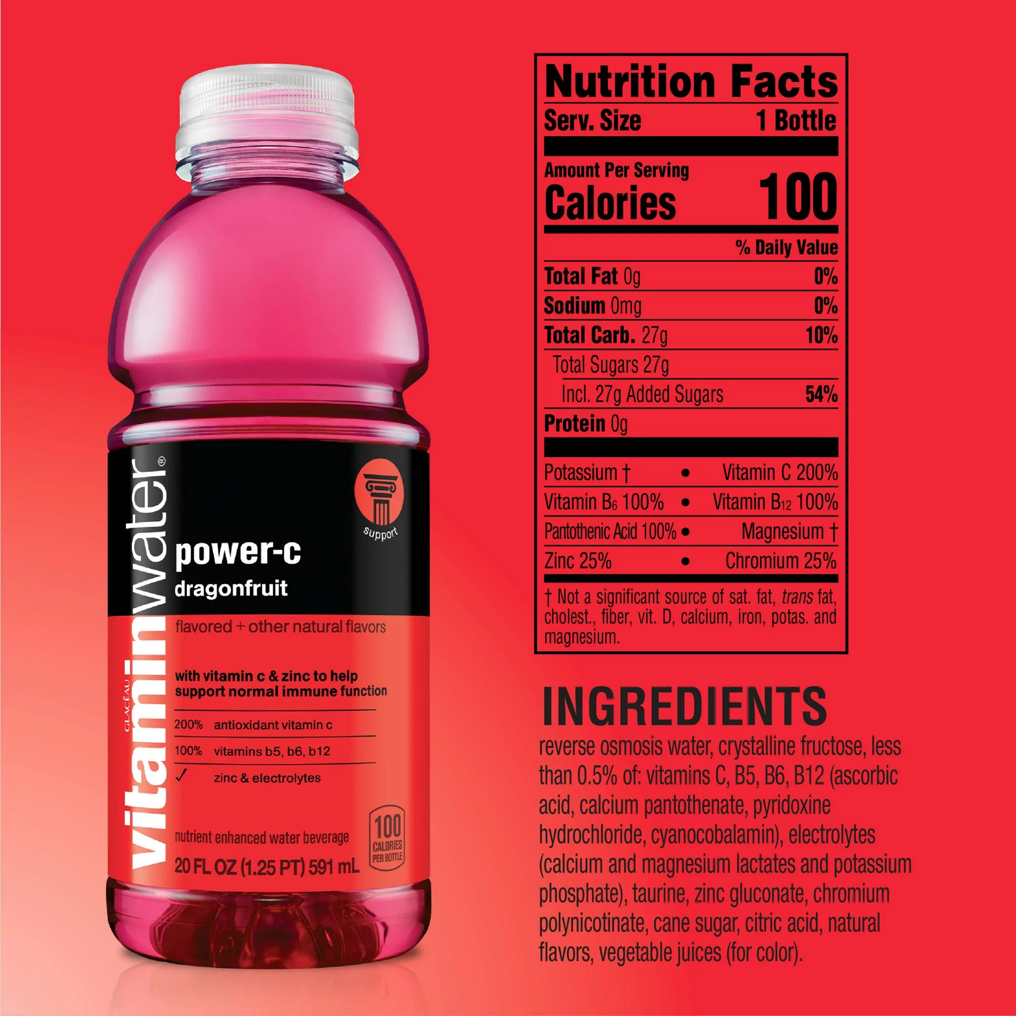 Vitaminwater power-c electrolyte agua mejorada dragonfruit botella de 20 fl oz