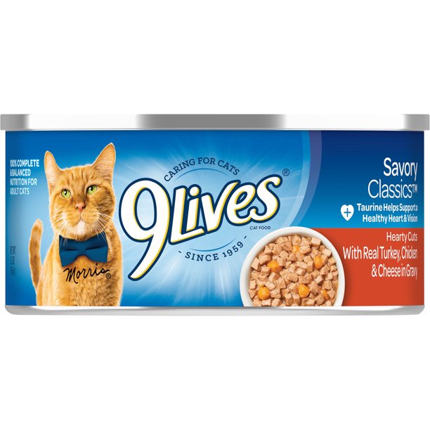 9 LIVES Hearty Cuts With Real Chicken Turkey and Cheese in Gravy