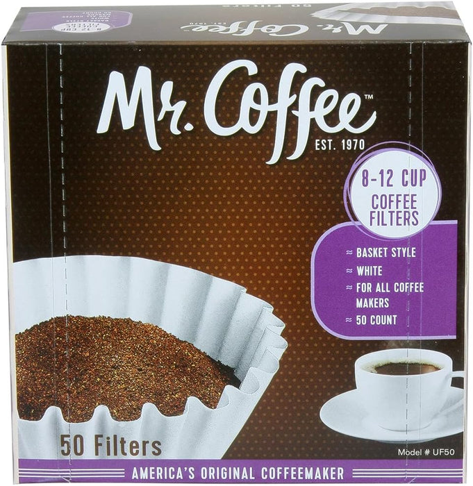 Mr. Coffee Basket Coffee Filters 8-12 Cup White Paper 8-inch 50-Count Boxes