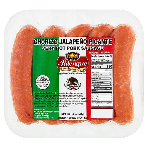 Palenque Provisions Corp Chorizo Jalapeño Picante Very Hot Pork Sausage 5 count 14 oz